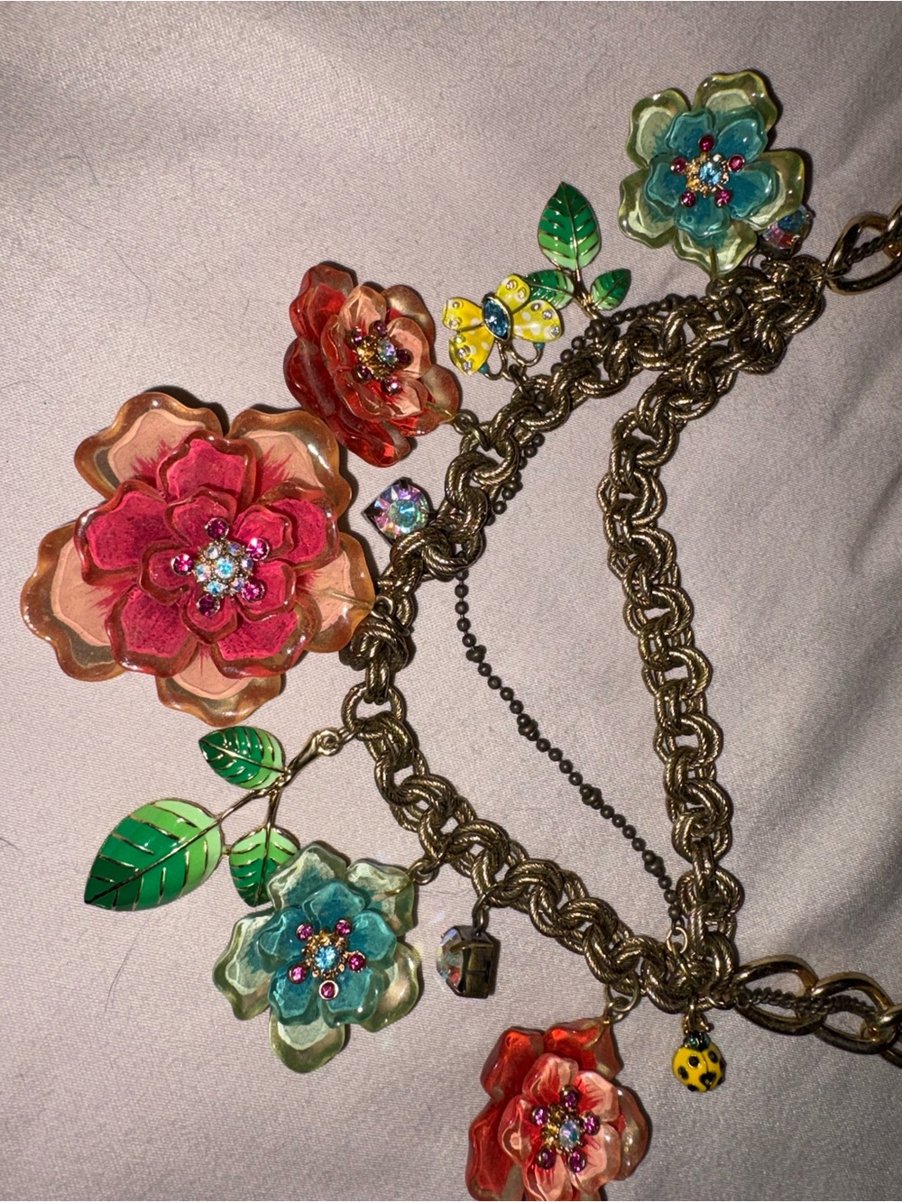 Vintage Y2K Betsey Johnson Gold Floral Multi-Color Charm Necklace - Picture 2 of 2